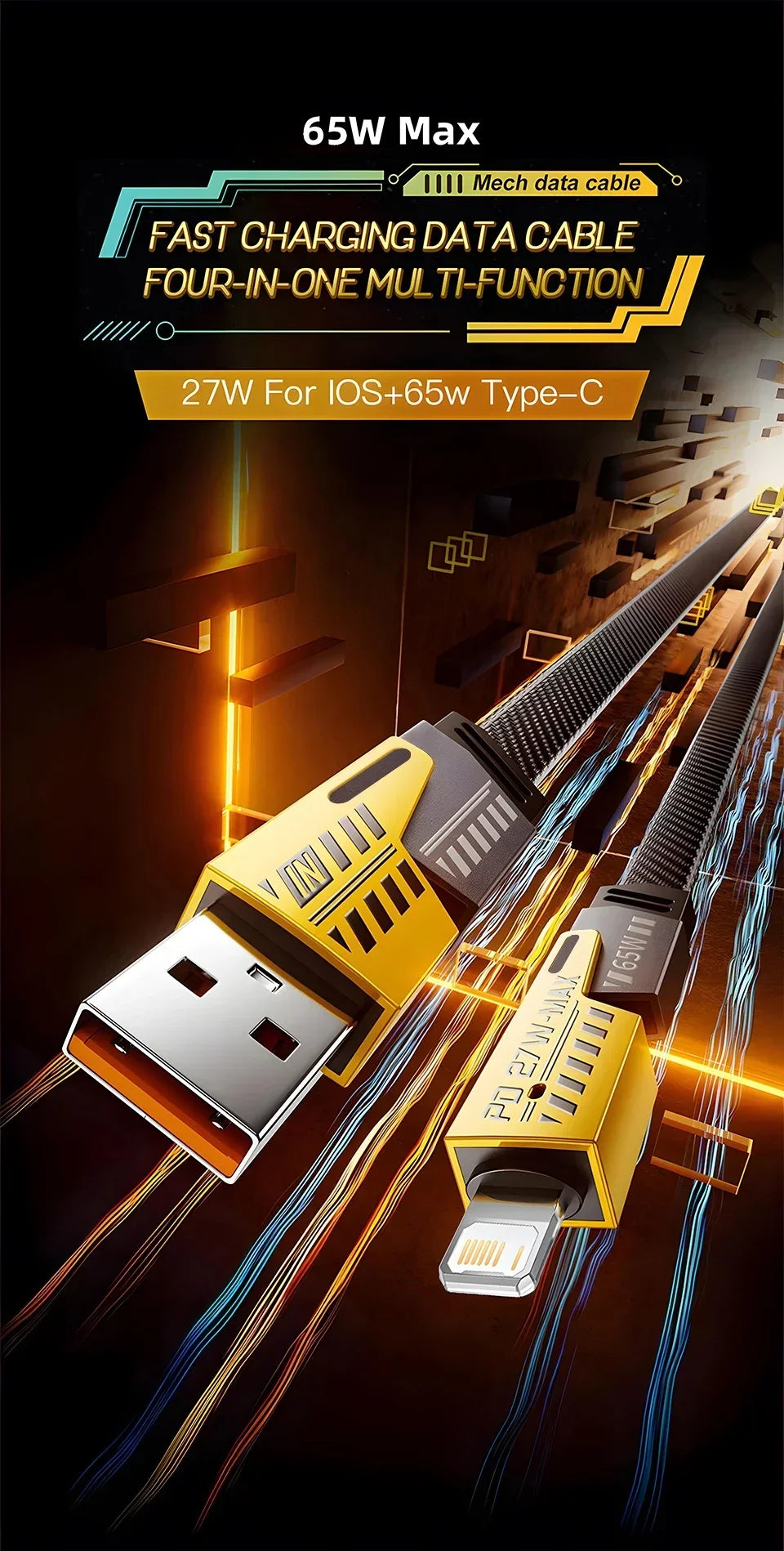 Convertible 4-in-1 Fast Charging Cable (USB-A/C → Lightning/USB-C) – 1 m, Braided